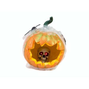 Europalms Halloween pumpkin with skeleton skull in spiders web, with spiders and Light effect, 25cm